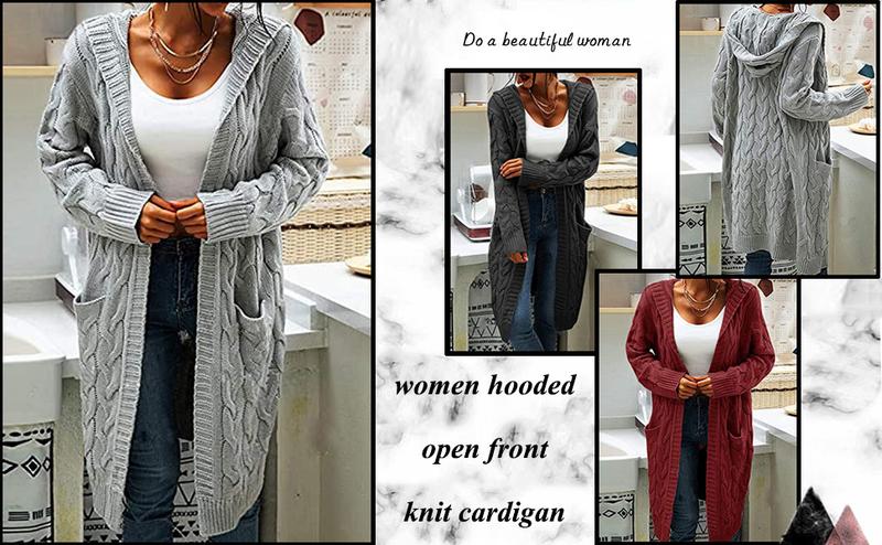 Saodimallsu Women's Hooded Open Front Cardigan Cable Knit Sweater Solid Color Chunky Long Sweater Coats Casual Fit Knitwear with Two Side Pockets