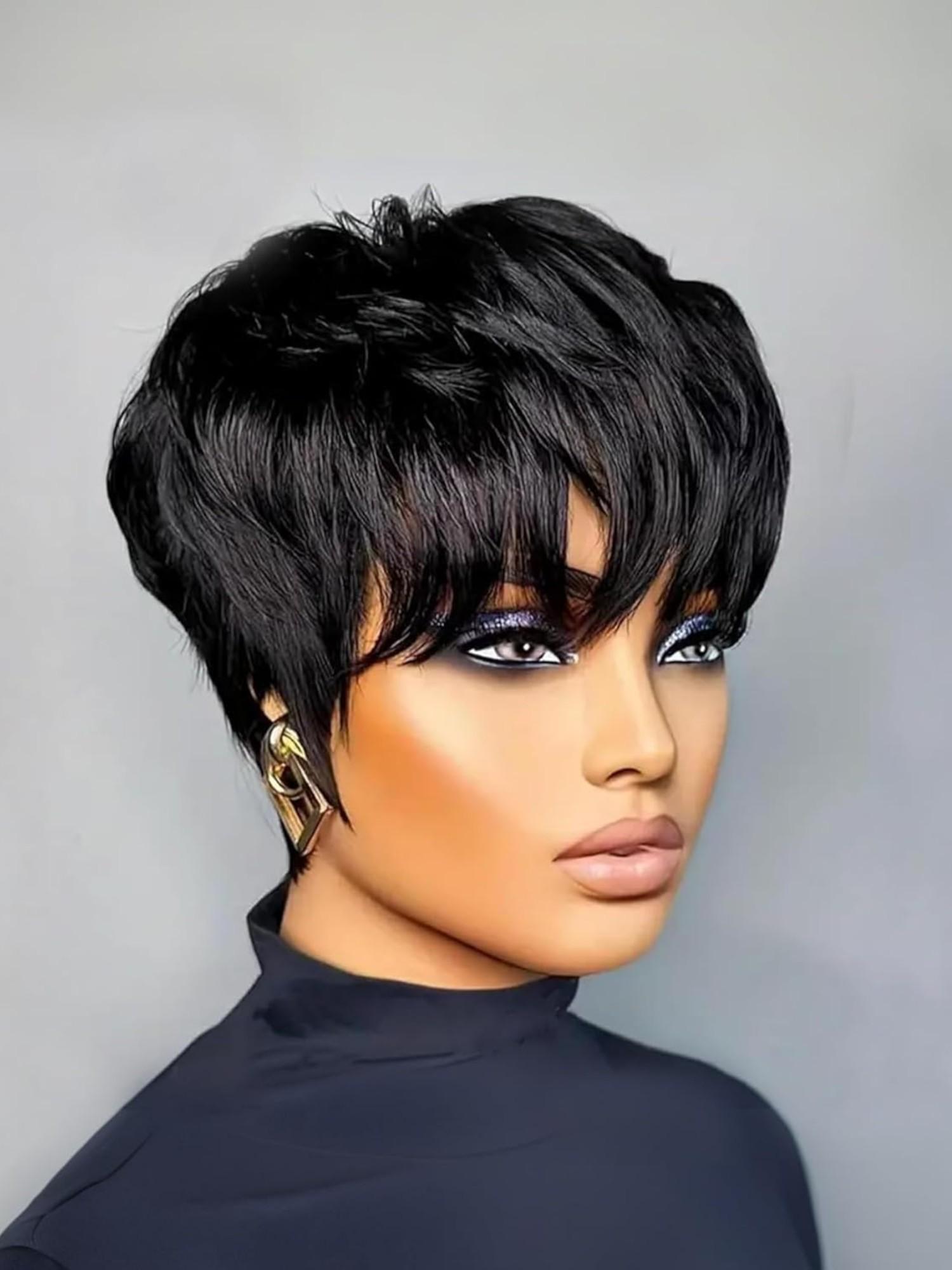 Pixie Cut Wig with Bangs Short Layered Bob Synthetic Straight Hair Wig for Women Layered Wig Short Pixie Cut Wig for Women Short Layered  main image 2