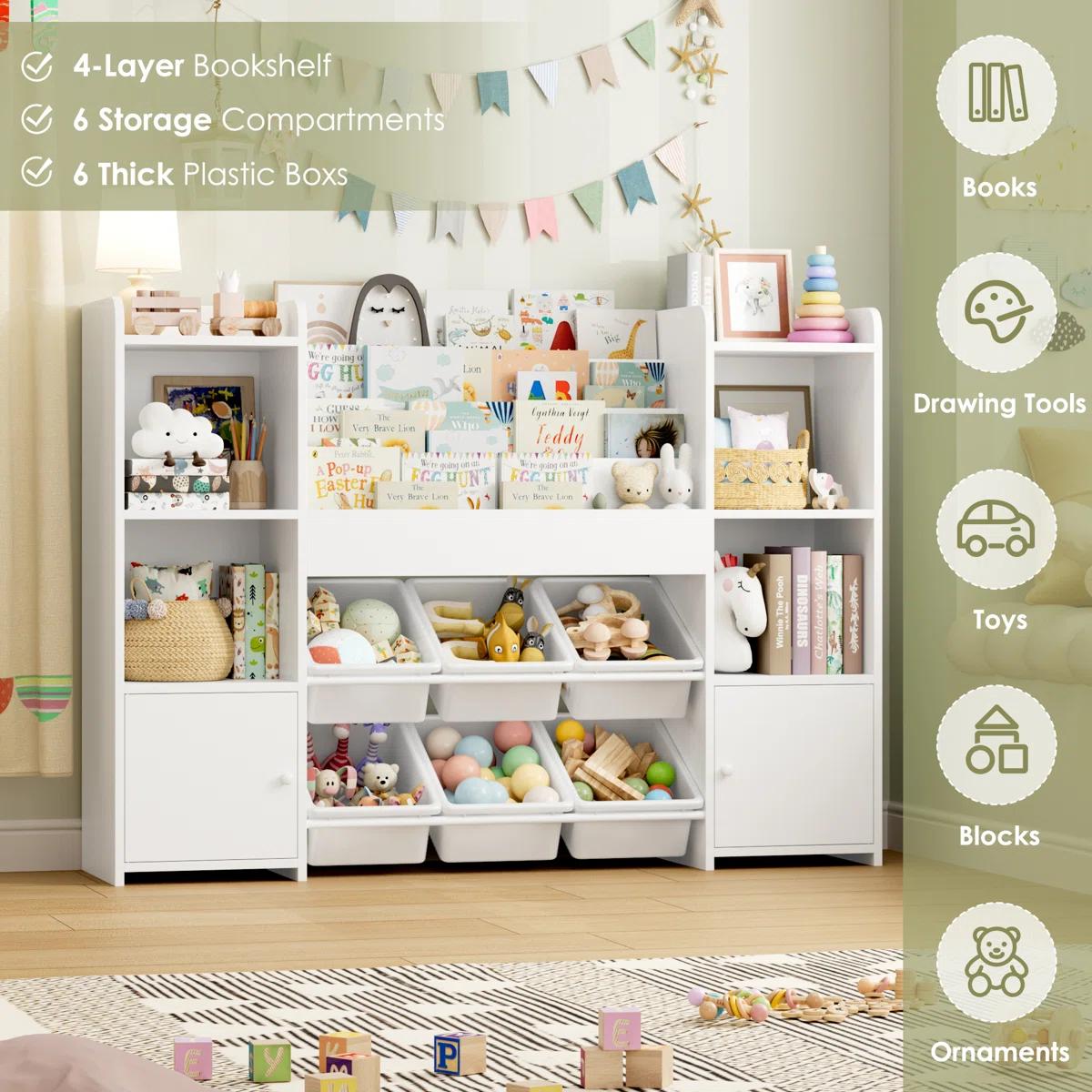 FOTOSOK Toy Storage Organizer with 6 Toy Bins, Toy Organizer Kids Bookshelf with 6 Cubbies, Multifunctional Floor Storage Chest for Playroom