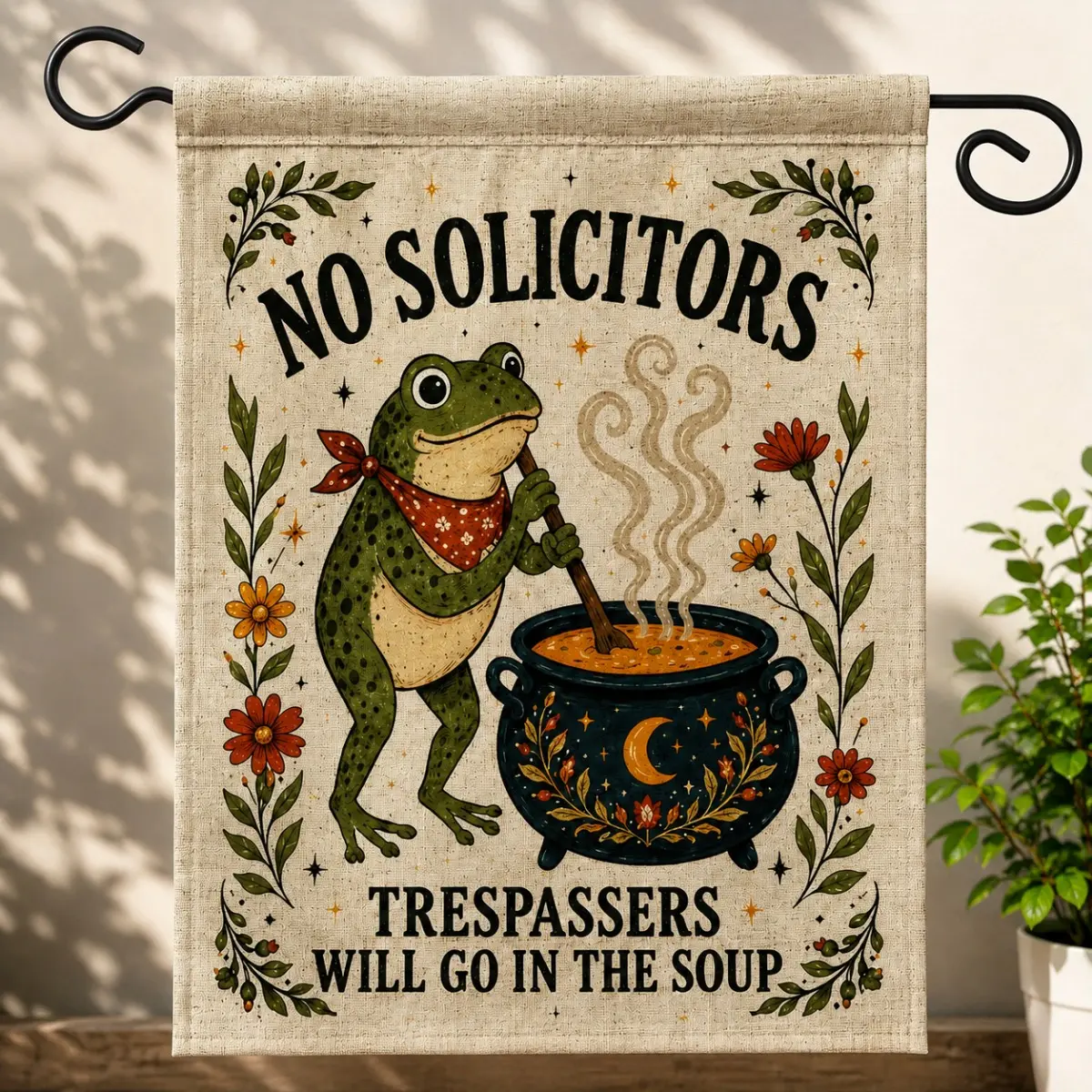 12x18 Inch Funny Halloween Garden Flag, No Solicitors Frog Cauldron Yard Flag, Trespassers Will Go in the Soup Outdoor Decor for Front Porch Lawn Garden