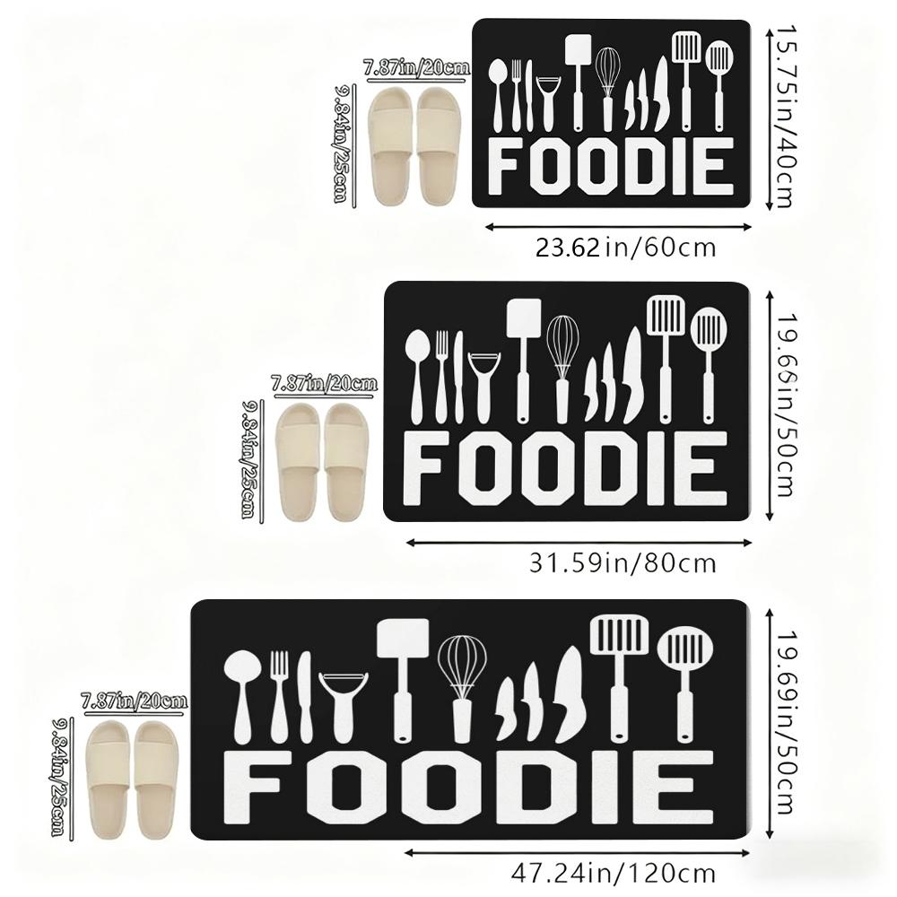 FOODIE Kitchen Rug Set, Black & White Utensil Pattern Non-Slip Washable Floor Mats, Chef Themed Runner Rugs for Kitchen, Dining Room & Home Decor