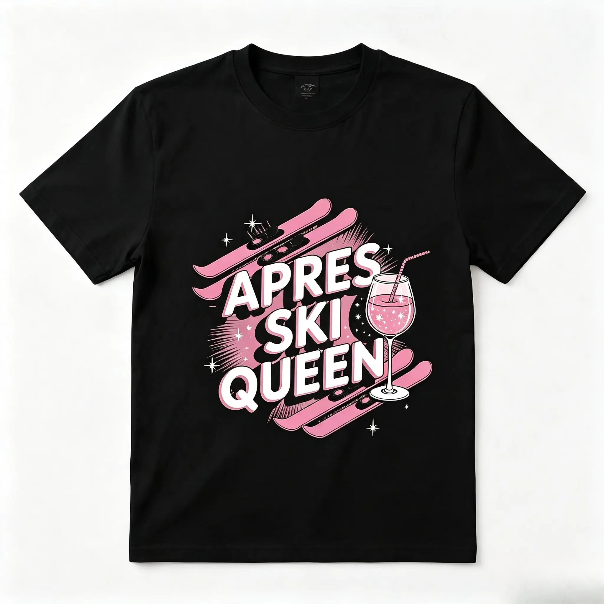 Apres Ski Queen Pink Ski Cocktail Graphic Cotton T-Shirt, Oversized Comfort Fashion Outfit, Winter Ski Girl Casual Top, Perfect Valentine's Day Holiday Gift for Lovers, Family, Friends For Him Her
