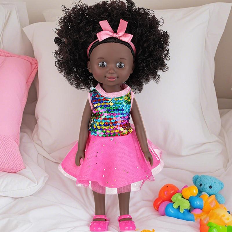Black Baby Doll, 10 inch American African Girl Doll with Dress, Realistic Reborn for Kids Aged 2 3 4 5 6, Silicone Small Toy Curly Hair Birthday Gift, Brown