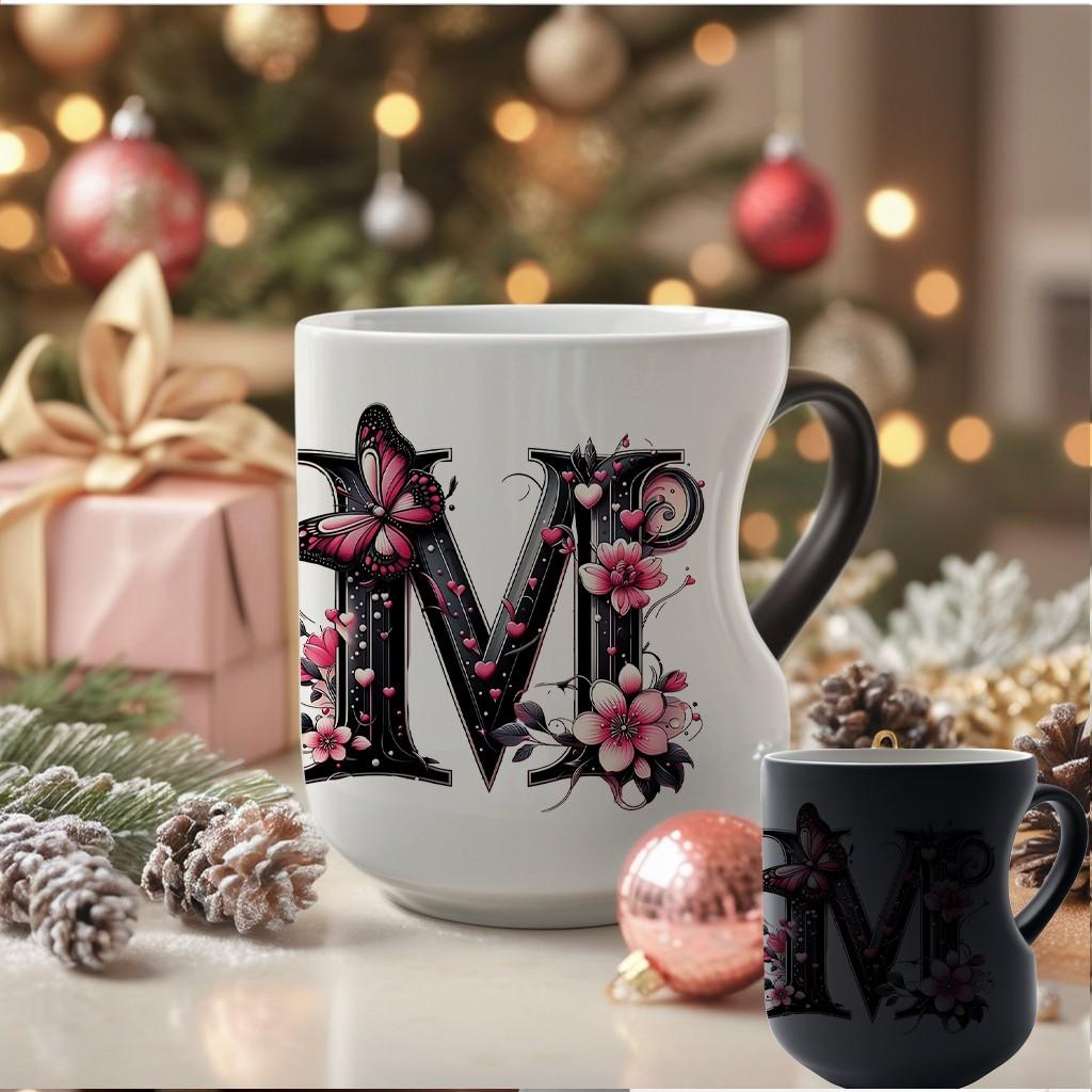 Butterfly Initials Heat-Sensitive Magic Mug, Ceramic Coffee Mug with Color-Changing Heart Design, Personalized Ceramic Cup Gift for Valentine's Day and Mother's Day