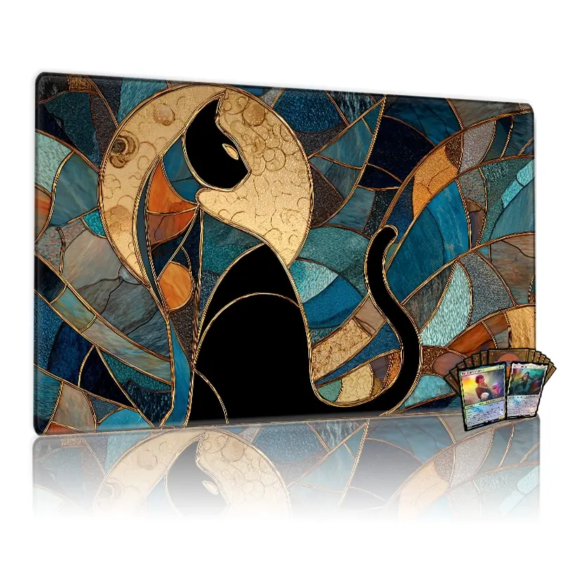 Stained Glass Art Nouveau Black Cat & Moon MTG Playmat 12x24inch, Non-Slip TCG Playmat for Card Games, Family Gathering & Gift, Colorful Mosaic Design for Magic The Gathering & Board Games