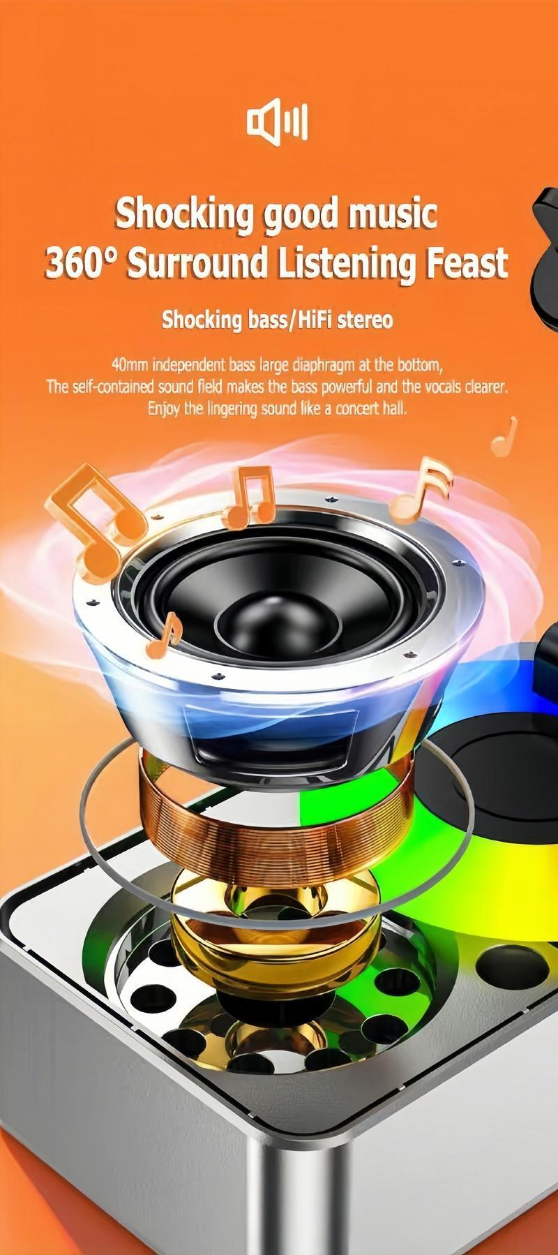 Wireless Audio Bluetooth Speaker 5in1 Phone Holder Emergency Rechargeable withColorful Ambient Light 300° Foldable for Tablet iPhone Android, Gifts for Men Women ，Black