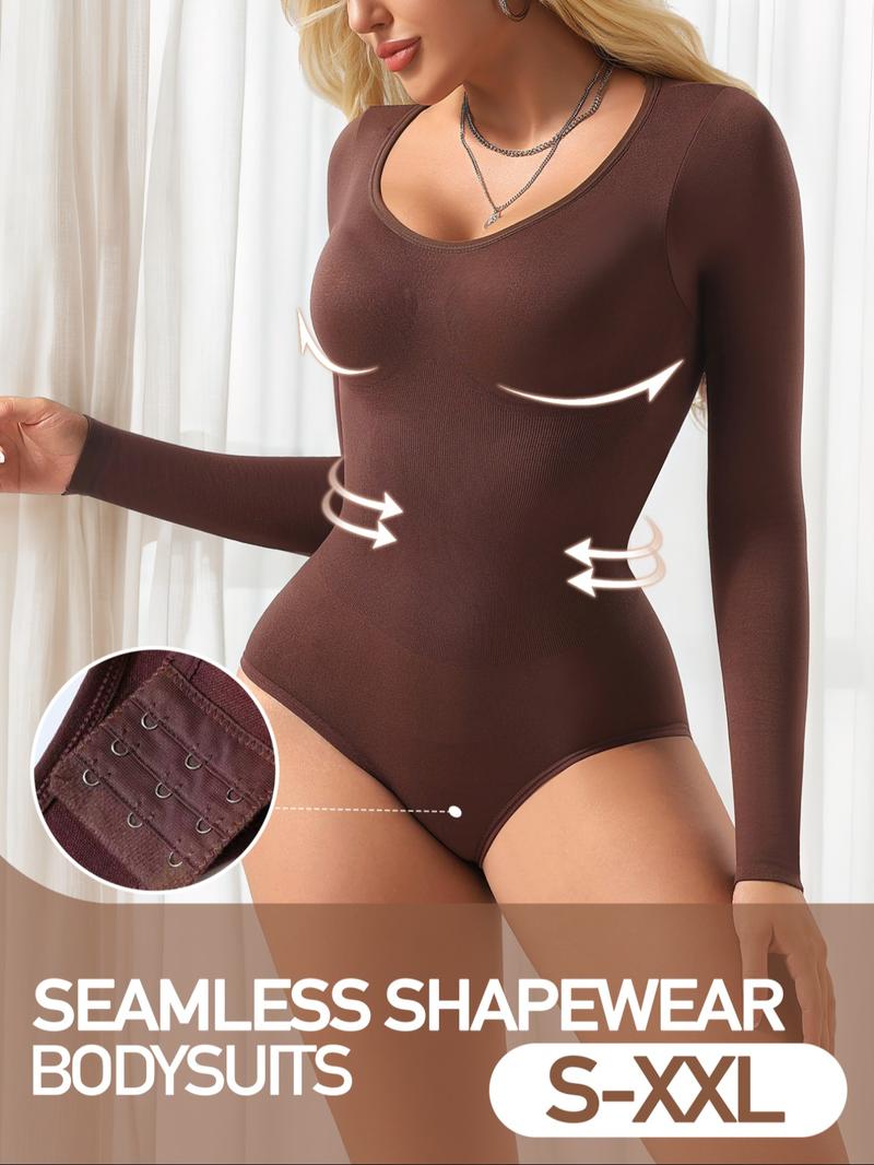 Women's Shapewear for Fall&Winter,Ribbed Abdomen Control Bodysuit, Long Sleeve Seamless T Shirt,Comfortable Scoop Neck Body Suit Stretchy Basic Tops, Fit Soft Elastic Fabric, Perfect For Daily Wear and  Going Out