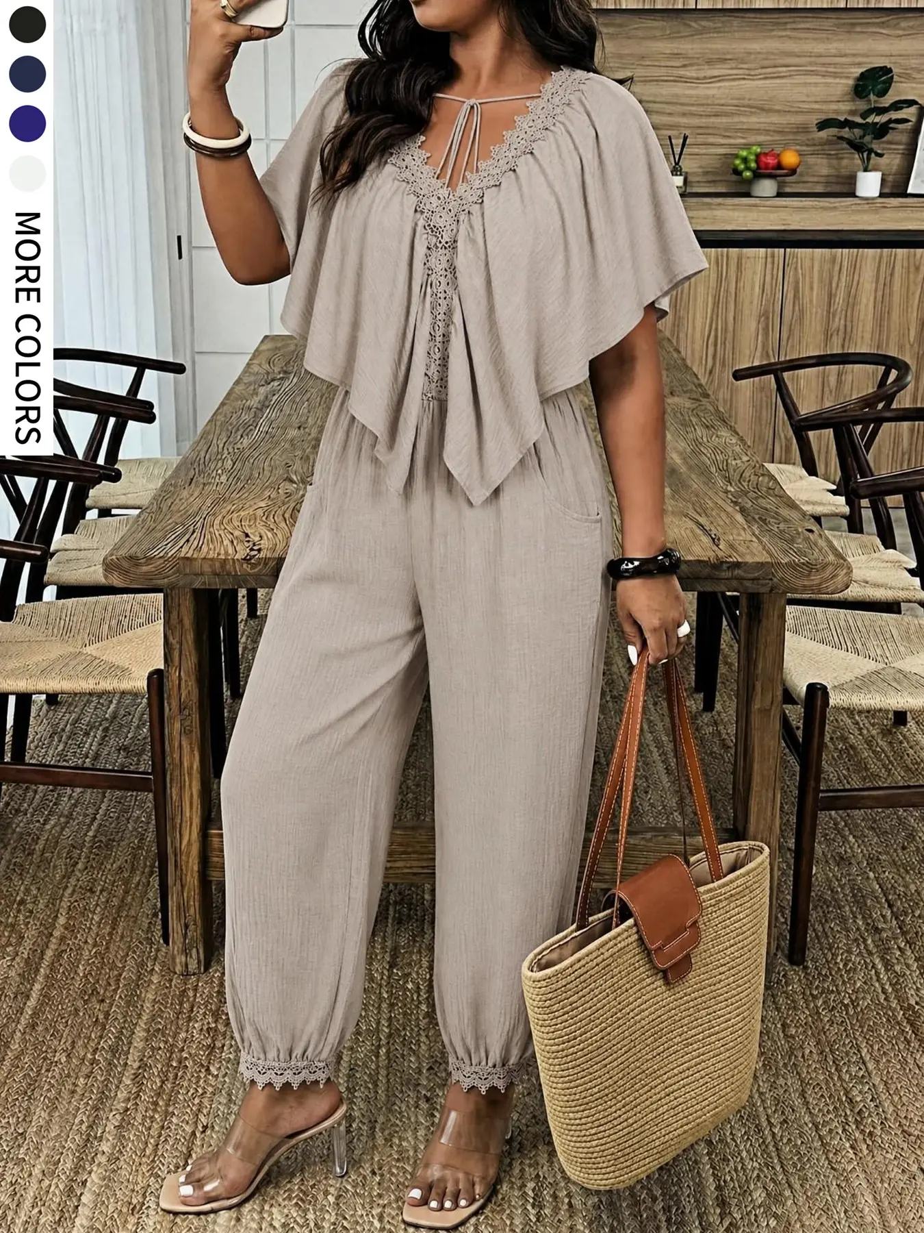 Plus Size Women's Casual Vacation Plain Batwing Sleeve Jumpsuit, Pocket Design, Comfortable Fashion, Daily Wear, Loose Fit, High Waist