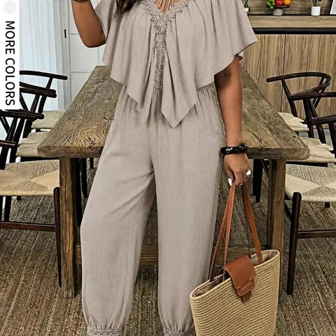 Plus Size Women's Casual Vacation Plain Batwing Sleeve Jumpsuit, Pocket Design, Comfortable Fashion, Daily Wear, Loose Fit, High Waist, Street Fashion Jumpsuit
