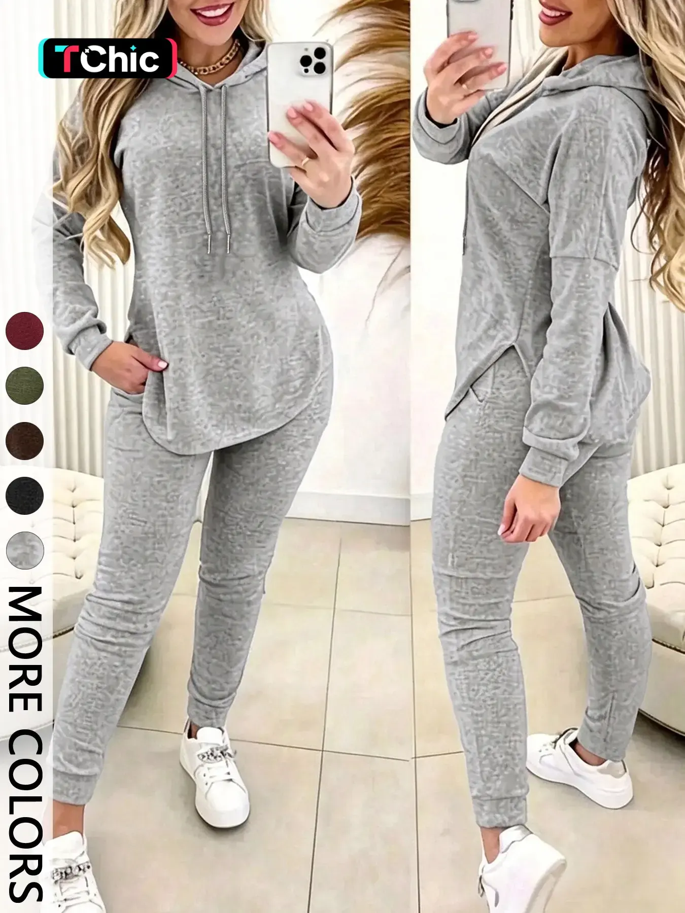 Women's Solid 2-Piece Outfit, Drawstring Hooded Long Sleeve Top & Slim Fit Casual Pants, Chic Matching Set for Daily Workout and Casual Wear