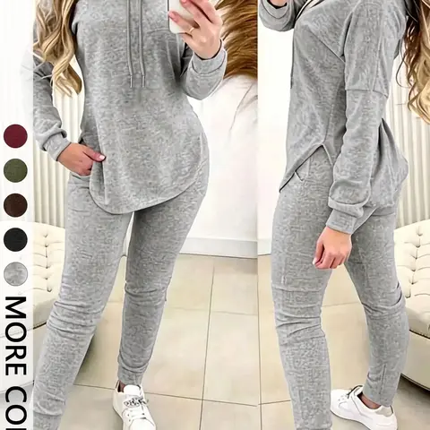 Women's Solid Basic 2-Piece Outfit, Drawstring Hooded Long Sleeve Top & Slim Fit Casual Pants, Chic Matching Set for Daily Workout and Casual Wear