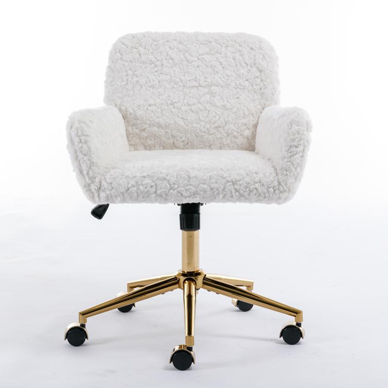 Furry Cute Office Chair, Modern Swivel Desk Chair with Wheels- Makeup Vanity Chairs with Back, Alpaca Fleece Upholstered Rolling Chairs for Vanity Makeup Room Girls Women, Beige