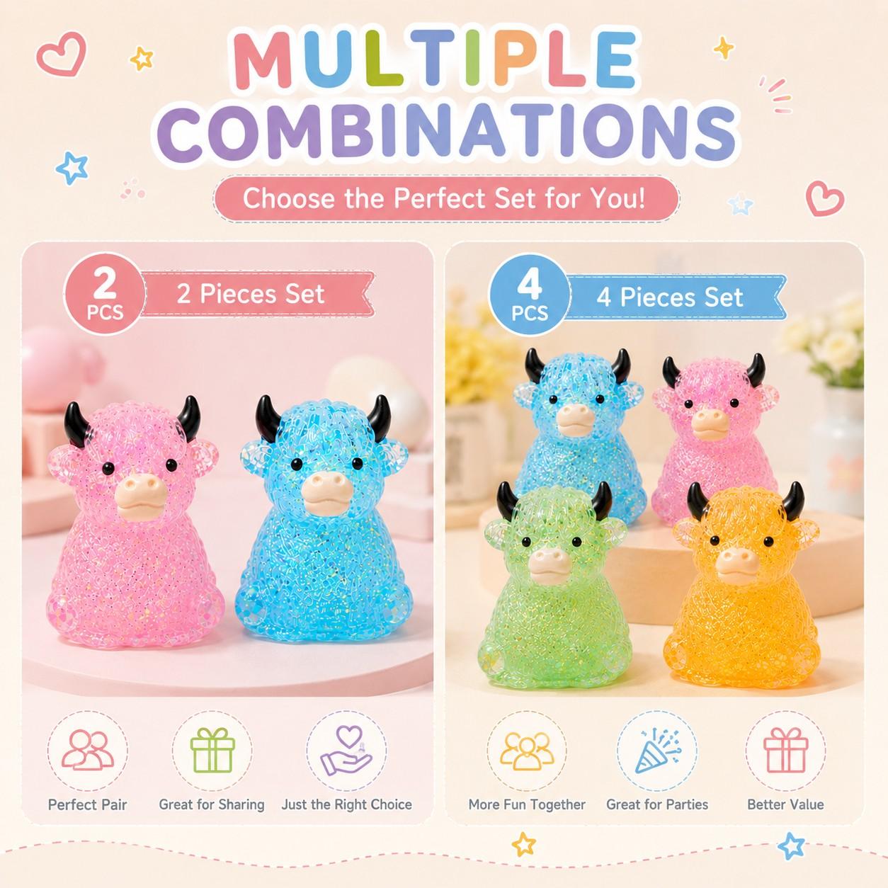 1/2/4 PCS Glitter Highland Cow Squishy Fidget Toy Soft Slow Rising Stress Relief Ball Sparkly Squeeze Sensory Toy For Teens Adults Cow Lovers Desk Relaxation Party Favor