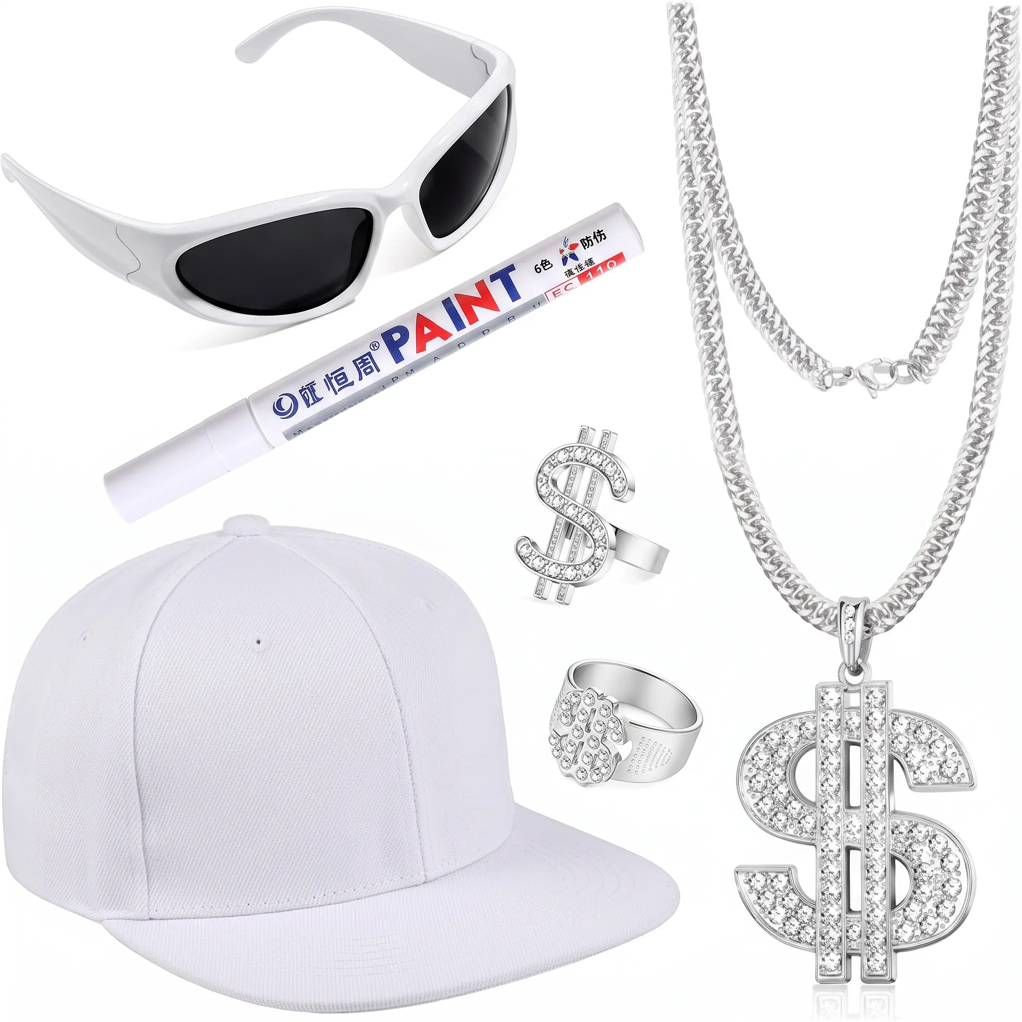 6PCS 80s 90s Hip Hop Costume Kit for Men Women – Rapper Fake Gold Chain Sunglasses Hat & Dollar Sign Necklaces, Old School Outfit Accessories Set