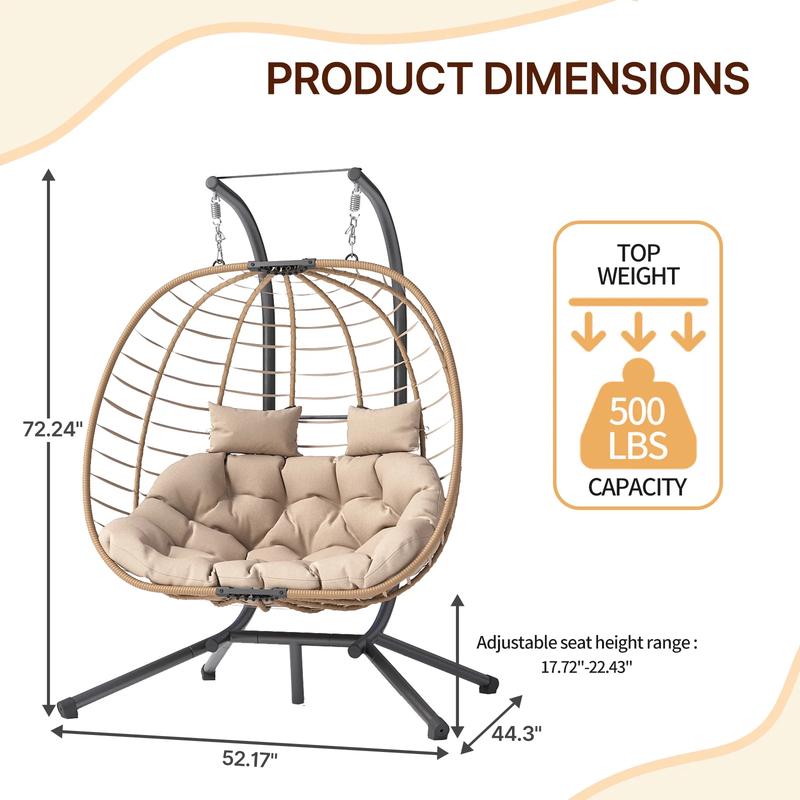 UDPATIO Double Wicker Swing Egg Chair 2 Person Foldable Hanging Egg Chair with Stand, Porch Swing Loveseat for Patio, Balcony, Porch, Indoor，Outdoor,
