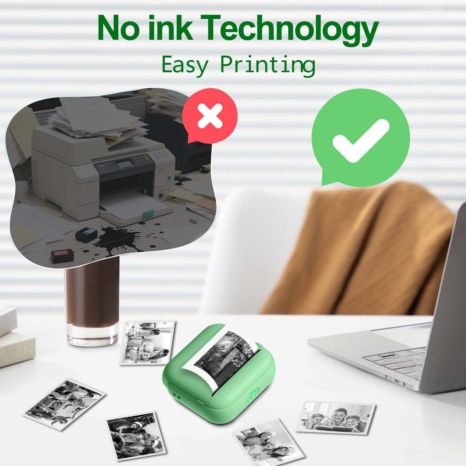 Portable Mini Printer, Rechargeable Thermal Printer, Wireless Thermal Printer for Photos and Labels, Compact Design, Home and Office Use