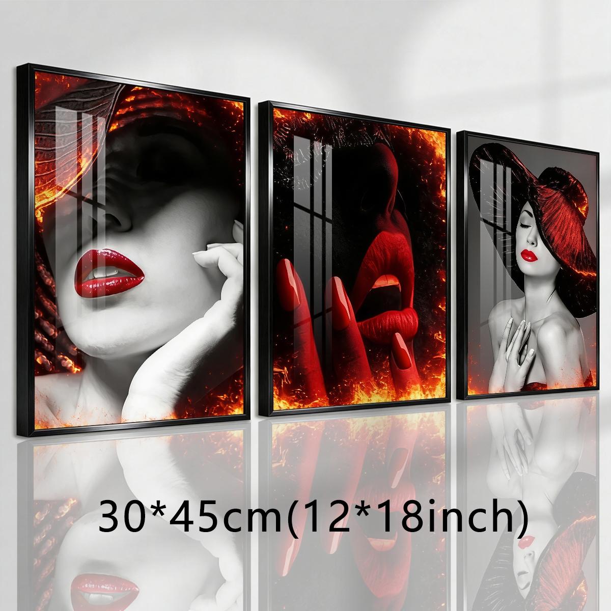 3 Counts Aluminum Alloy Framed Painting, Abstract Red Lips And Black Hat Lady Pictures, Home Decoration For Living Room, Bedroom, Office, Restaurant, Hallway Wall Decor, Odorless Print Artwork, Luxury Perfect Gift For Friends And Family