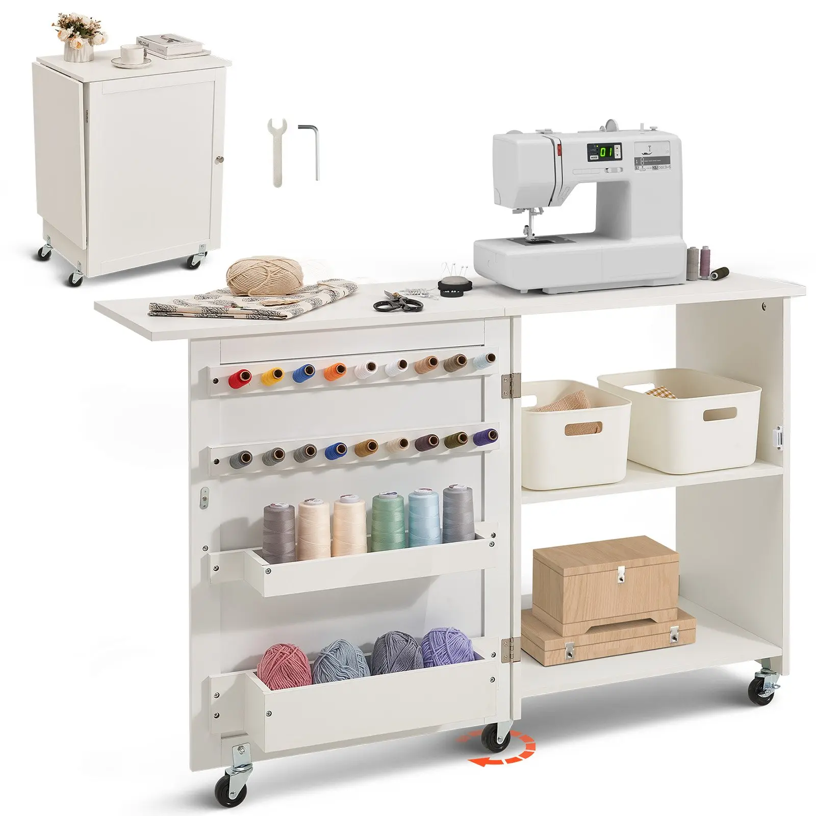VEVOR MDF/PB Blend Folding Sewing Table, Multipurpose Sewing Machine Desk Cabinet with Compact Design, Wheels, Shelves, Storage Trays, Wooden Pegs, Magnetic Doors, White