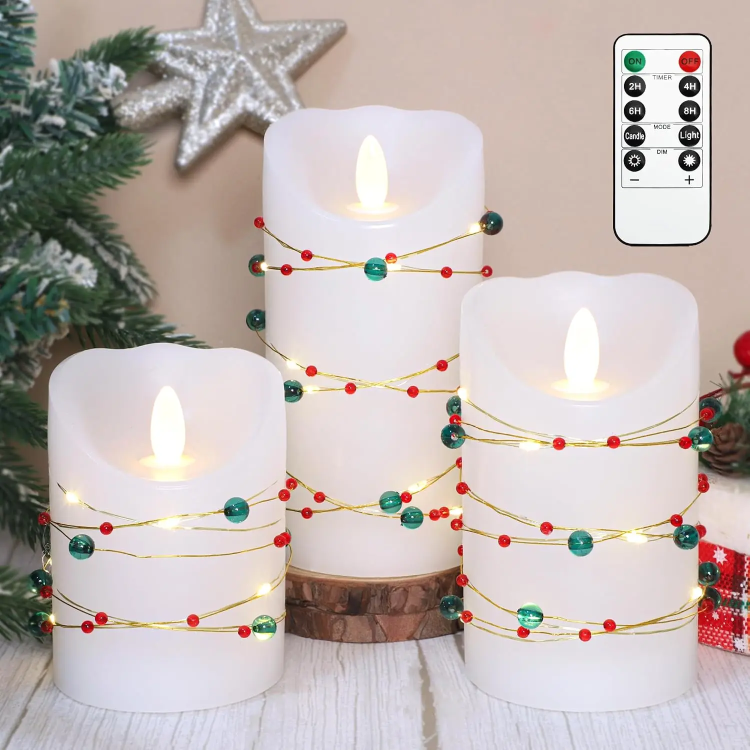 Holiday Flameless LED Candle with Red Green Beads String Light | Christmas,  Operated, Flickering Candlestick, Christmas Party Wedding  Decoration