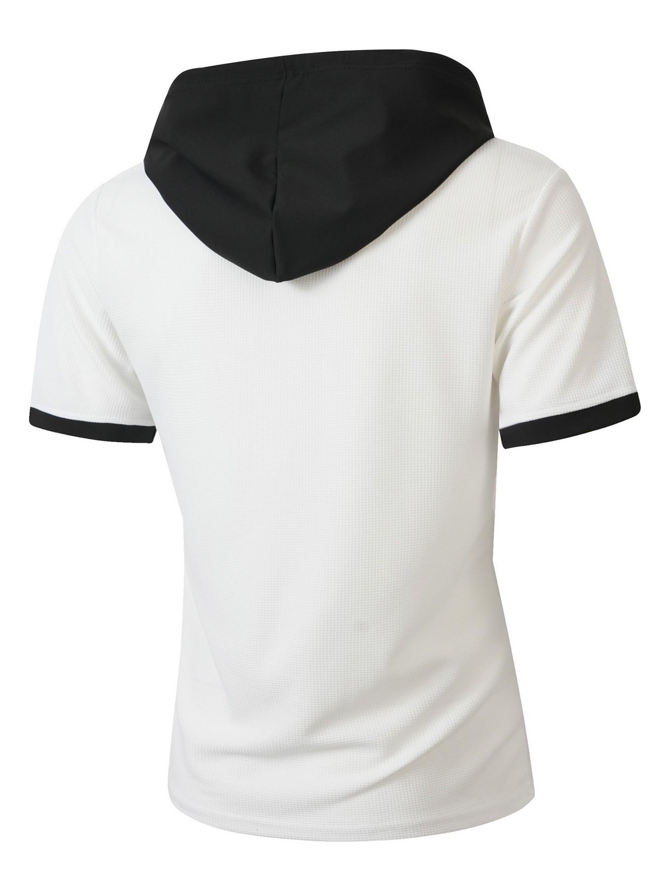 New men's waffle knit polo shirt with hood - stylish contrasting color hood and cuffs, semi-open buttoned collar, short sleeves, and fitted design. Perfect for casual outings, vacations, and daily trendy street style.