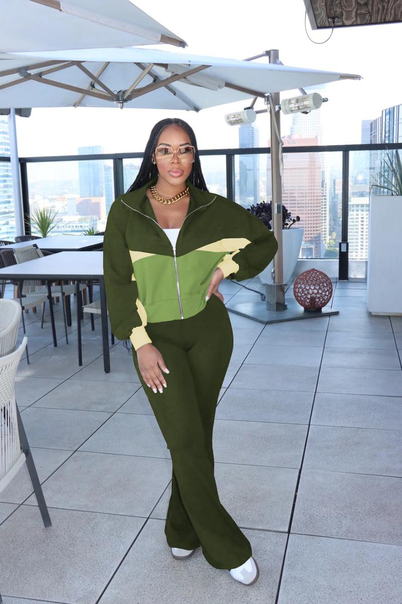 USBOUTIQUECHIC Chic Color-Contrast Zip-Front Top & Lounge Pants - Fashionable Casual Wear, Cozy Fall Matching Outfit 2-piece set woman - Clothes