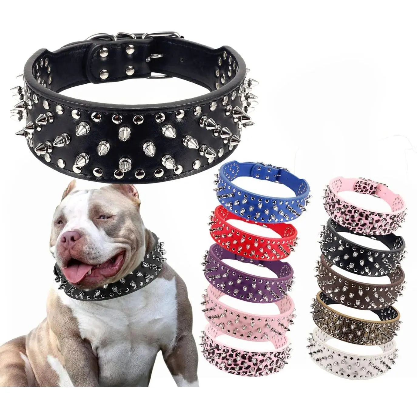 PU Leather Spiked Studded Dog Collar 2" Wide Anti-Bite Collar | Adjustable Neck Protection Collar Rivet Studded Collar for Small Medium Large Dogs