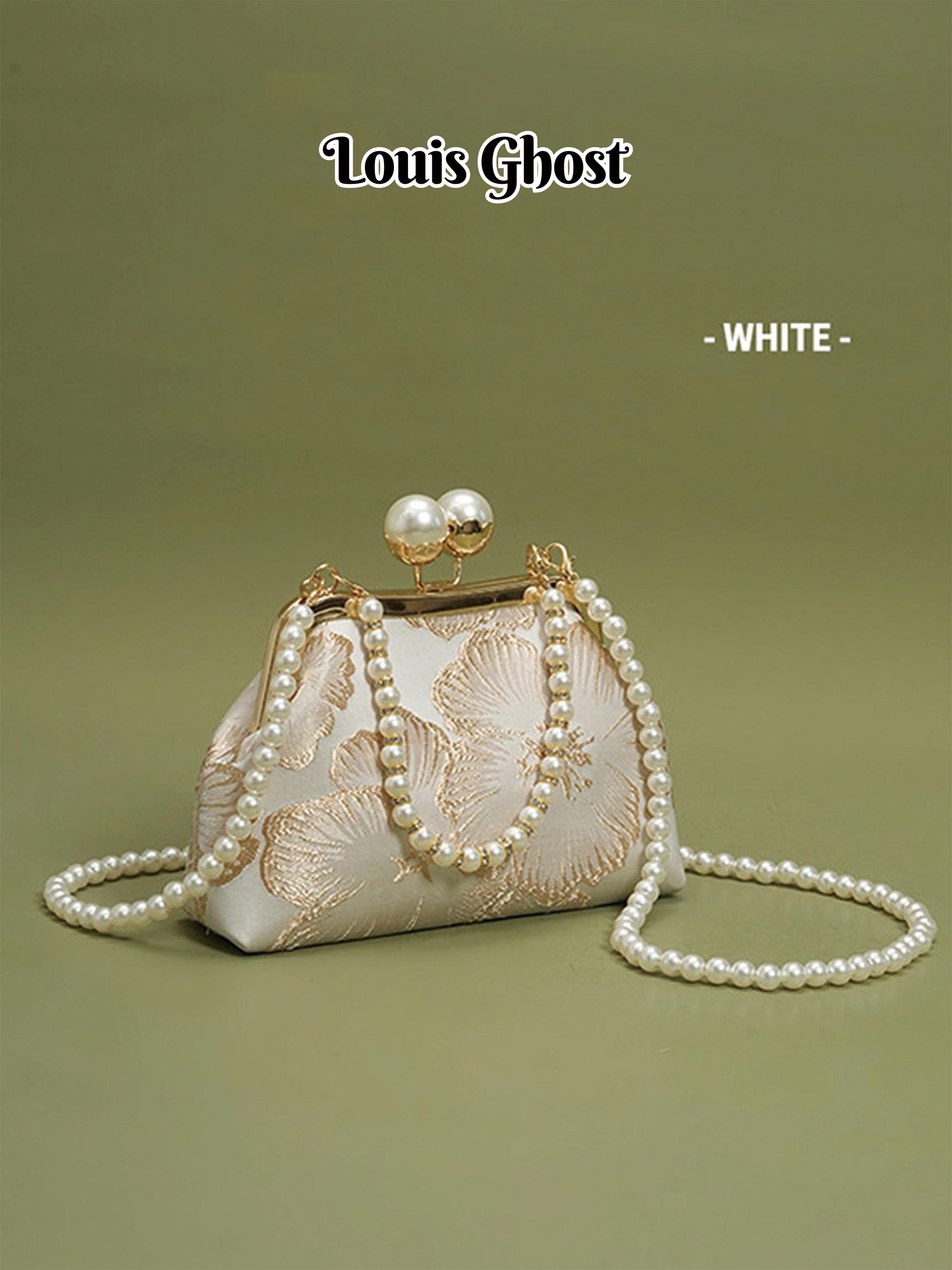 Elegant Embroidered Clutch Bag for Women, Vintage Evening Bag with Pearl Chain and Ginkgo Pattern, Perfect for Weddings and Parties