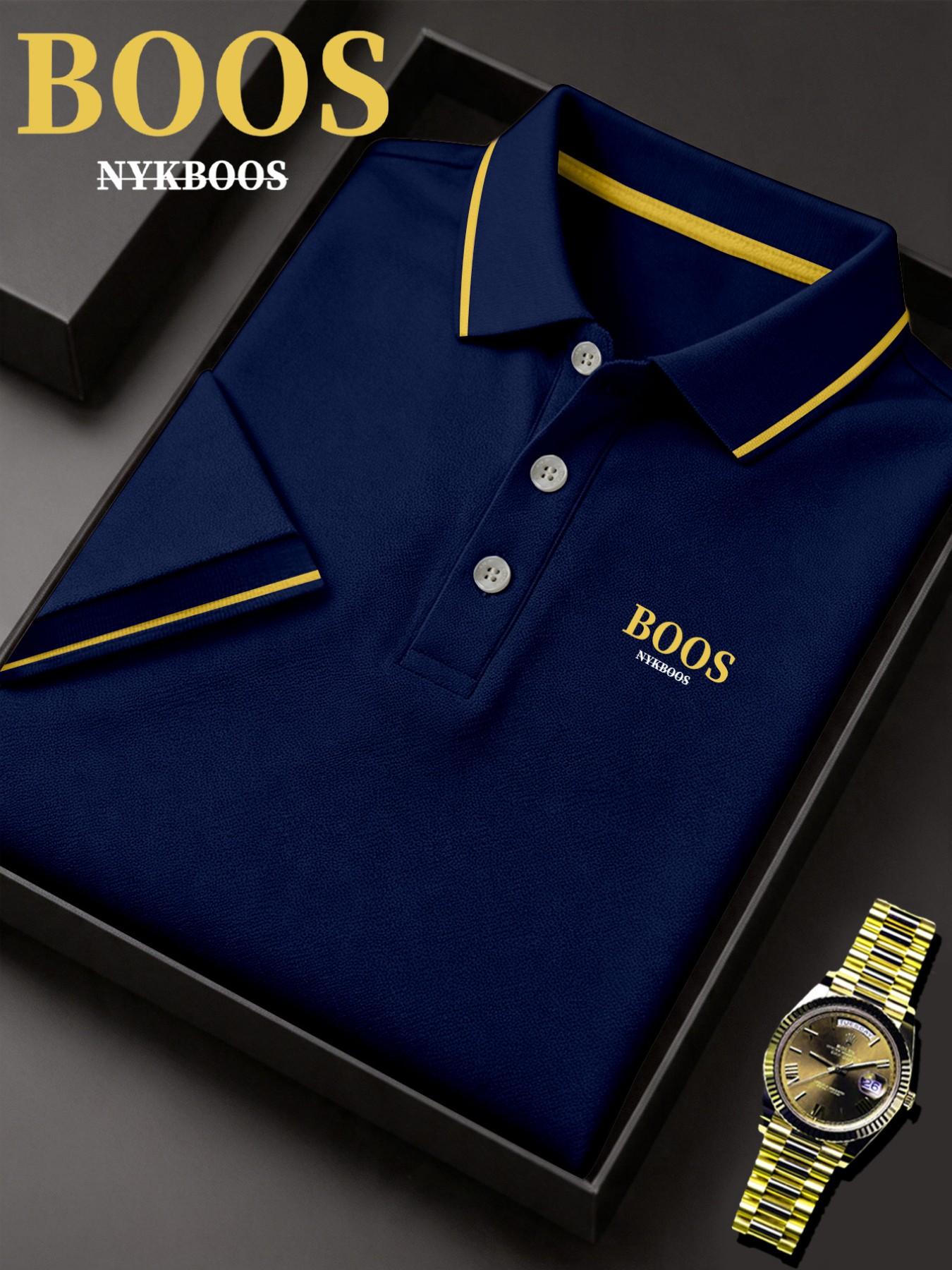 Lb5031 Classic Boss Logo Print Men's Fitted Polo Shirt, Elastic Casual Breathable All-Season Comfortable Durable High-End Polo
