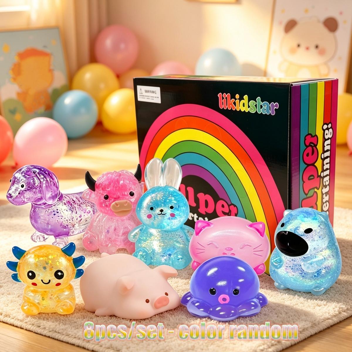 8pcs/set - Novel and exquisite simulation animal and other multi style glitter series pinch music set, stress relieving creative release slow rebound pinch, family school entertainment party gifts