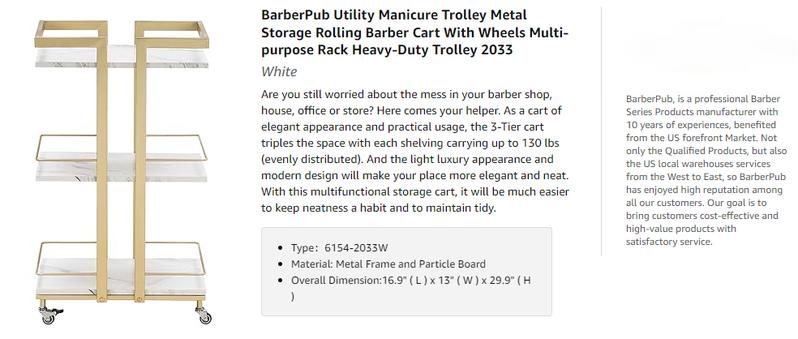 Utility Salon Trolley, Metal Storage Rolling Barber Trolley with Wheels, Golden Esthetician Cart, Multi-Purpose 3-Tier Mobile Facial Trolley, Suitable for cosmetic storage, etc,Nail Cart 2033 (White)