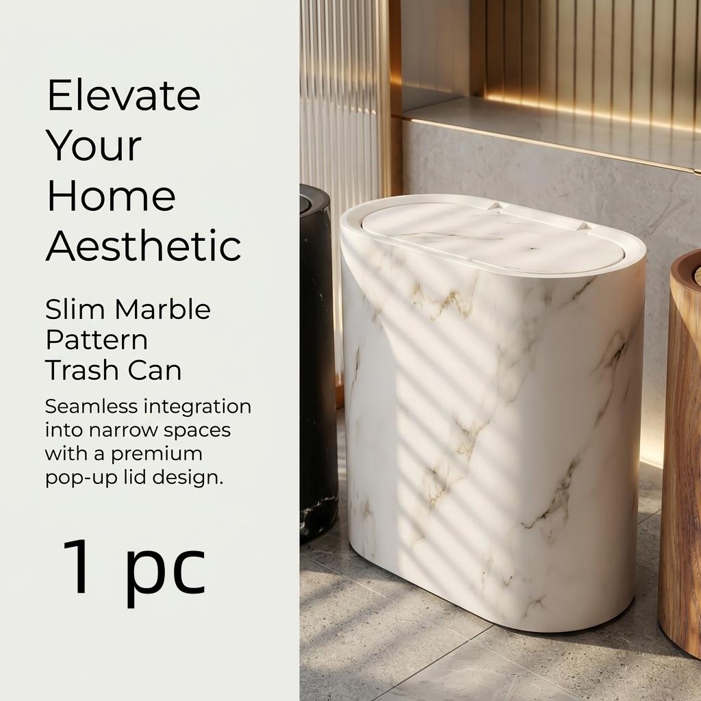 Modern Slim Marble-Pattern Trash Can with Lid, Elegant Narrow Waste Bin for Bathroom, Kitchen & Living Room, Eco-Friendly, Space-Saving Design