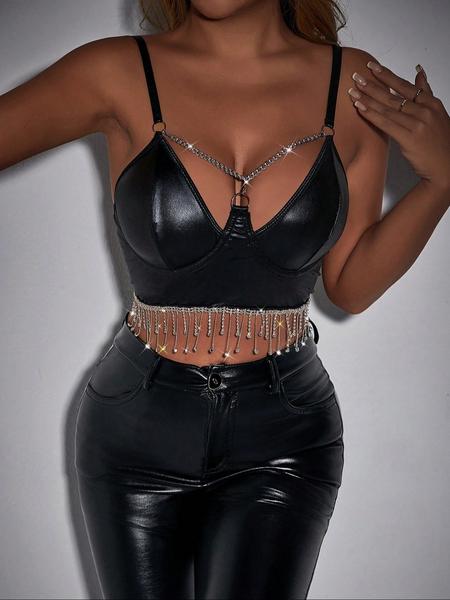 Women's Solid Rhinestone Tassel Charm Chain Decor Crop Cami Top, Fashion Casual Spaghetti Strap Top for Daily Outdoor Wear, Women's Top For All Seasons