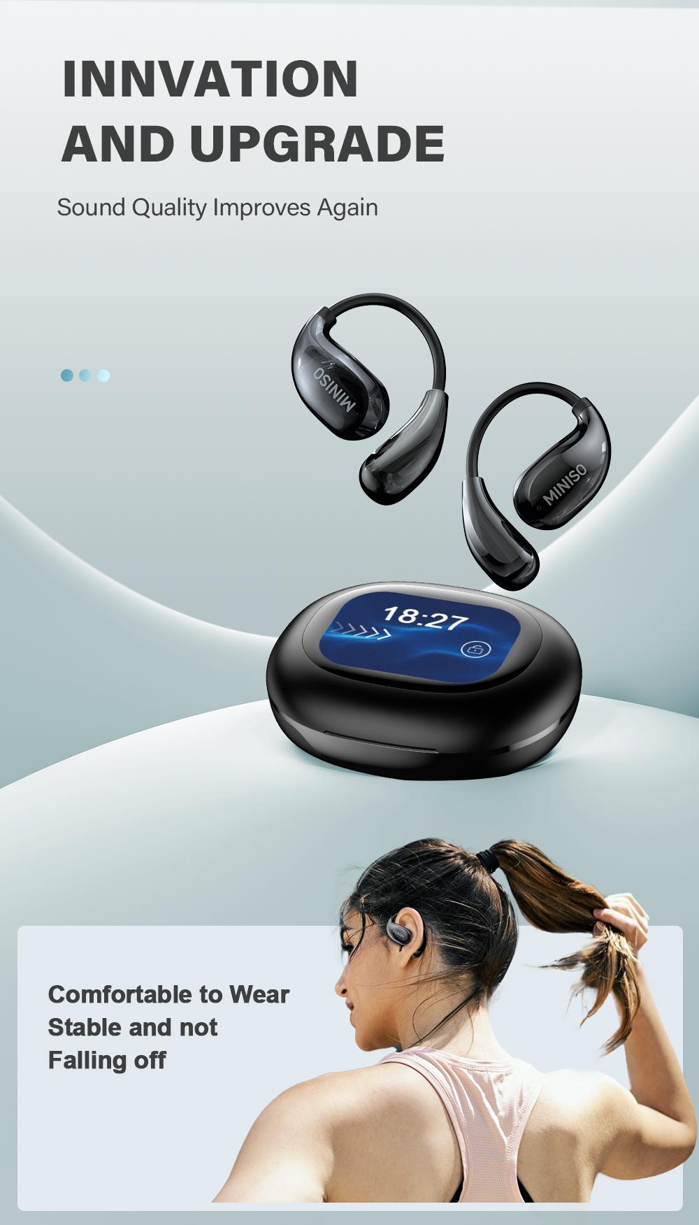 MINISO MS189 Wireless Earbuds Full Color Display Touch Earbuds Open Ear Wireless Headphones for iPhone and Android Headphones LED Touchscreen Earbuds Ear Hooks Design ,With HD Mic, Waterproof,24H Playtime, Bluetooth 5.4 Earbuds, Gaming with Low Latency