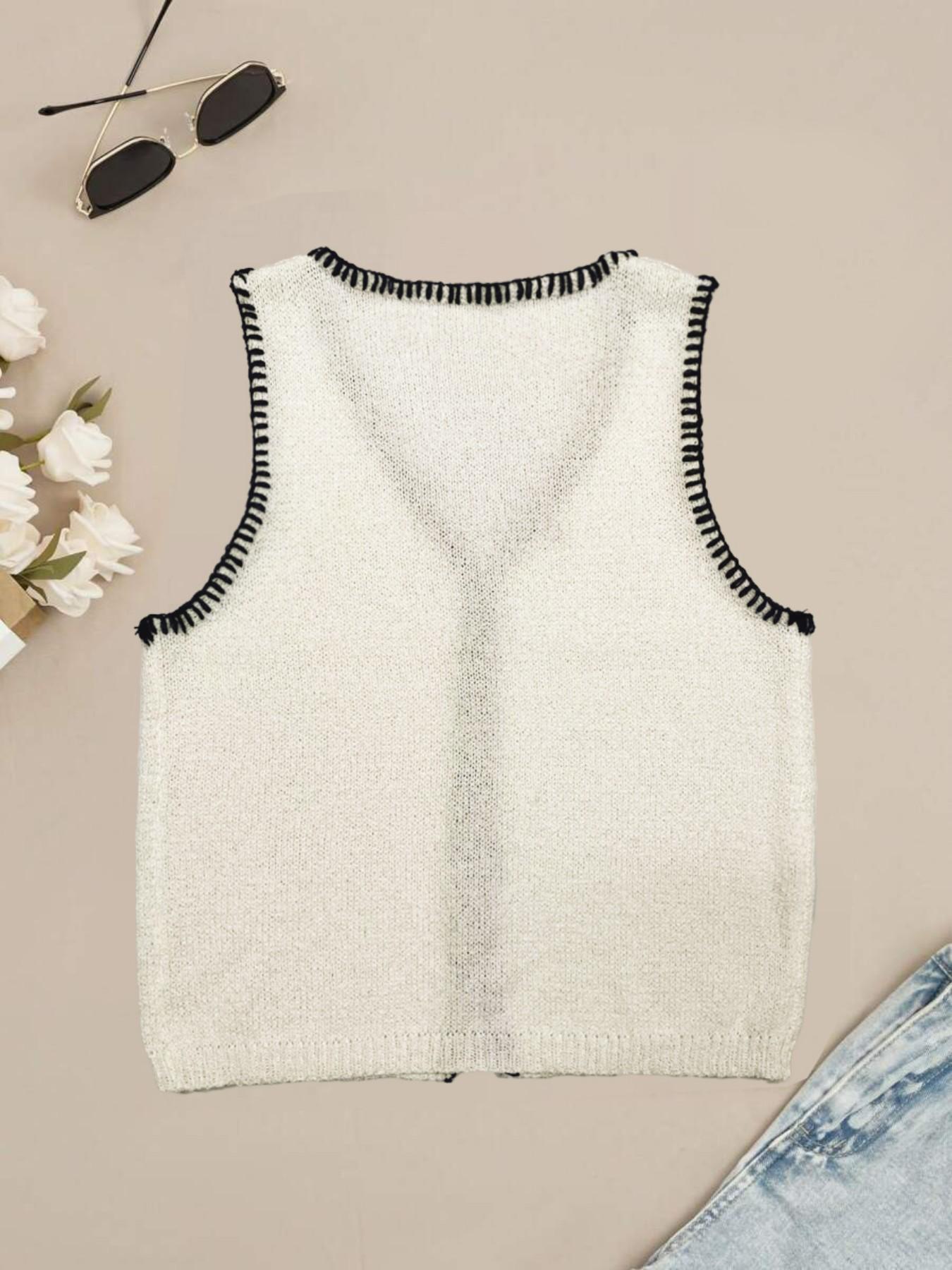 Fashion Sexy Summer Knitted Colorblock Edge Breathable Sleeveless Vest, Slim-Fitting Long Outer Vest, Trendy No-Placket Design