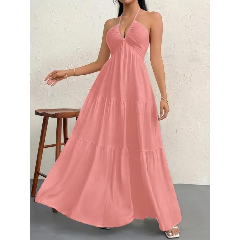 Solid Color Elegant Halter V-Neck Sexy Backless French-Style Temperament Maxi Dress