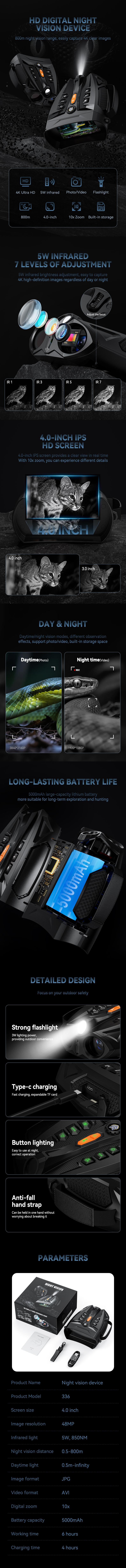 4.0" Snake-Look Night Vision Goggles-4K INSKAM Binoculars for Adult,With 32GB SD Card for Photos & Videos,10X Digital Zoom,5000 mAH Baterry,7 Levels of Infrared,Outdoor Flashlight,Wildlife Observation,Hunting,Camping,Birthday Gift,Gift for Man