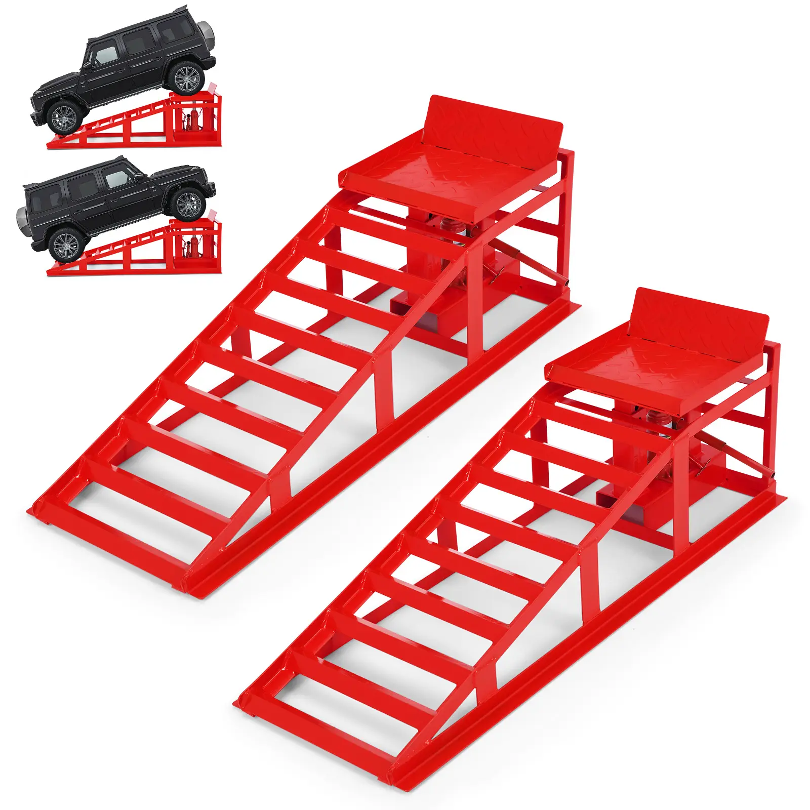 2 Pack Hydraulic Ramps – 12,000lb Capacity – 9.8-15" Height – Low Profile – for SUVs/Trucks/Cars – Steel – Powder Coated – Red – Garage