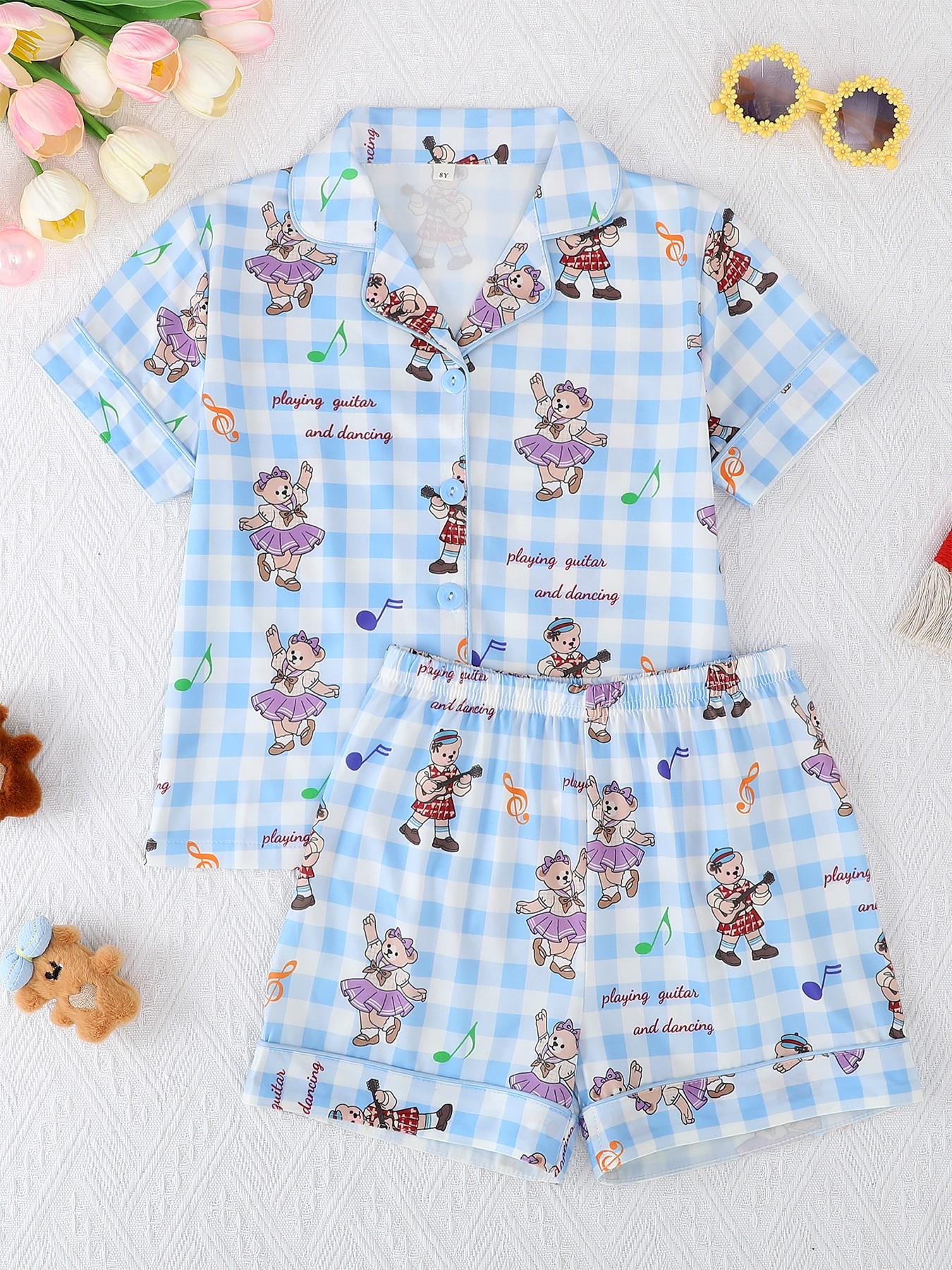 2-Piece Kids' Fire-Resistant Pajama Set, Short Sleeve Button Front Top & Shorts, Cartoon Bear Pattern, All Seasons, Boys & Girls