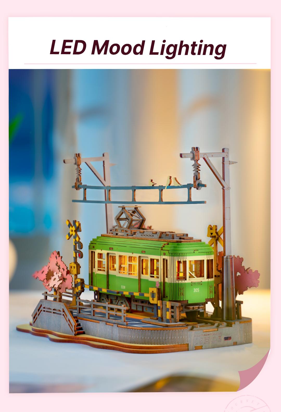 Rolife Sakura Journey 3D Wooden Puzzle TGS02 3D Wooden Puzzle for Adults, Sakura Journey Tram DIY Model building Kits with LED Lights, Creative Kids Craft Hobby Gift and Brain Teaser Home Decor Assembly Toy