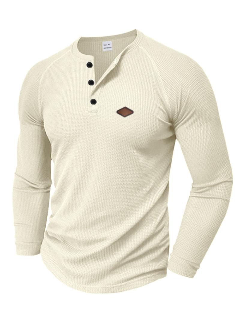 Men's Regular Fit Embroidery Half Placket Button Thumb Hole Design Henley Neck T-shirt, Casual Long Sleeve Tee for Spring & Fall, Fashion Men's Top for Daily Wear