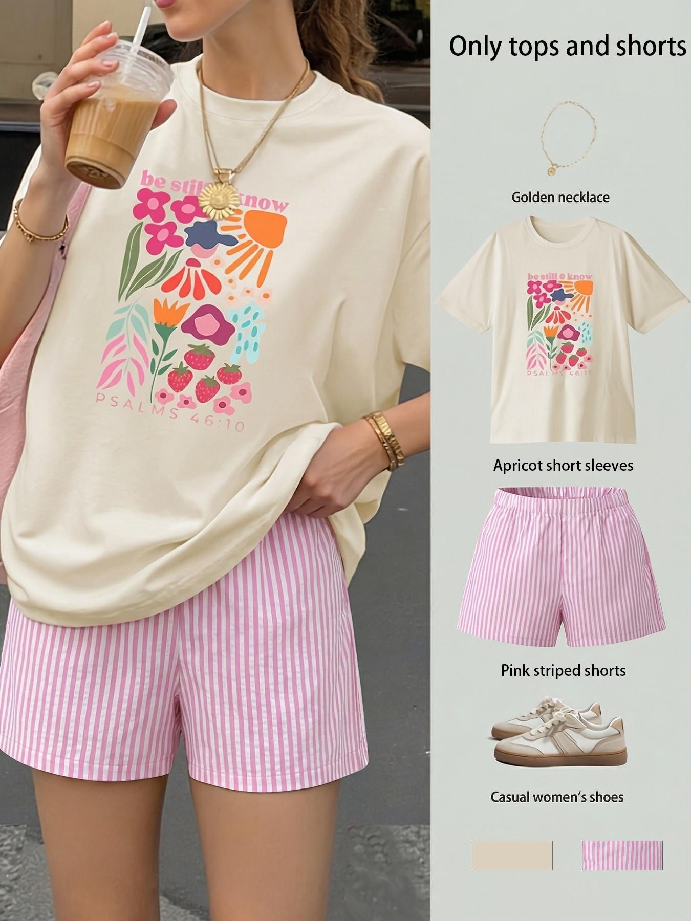 Casual Summer 2 Piece Set Women, Floral Print Oversized Top & Pink Striped Shorts, Boho Aesthetic Outfit for Vacation, Daily Wear, Coffee Date #springsaledeals2026 #summeroutfits #fyp #casualfashion