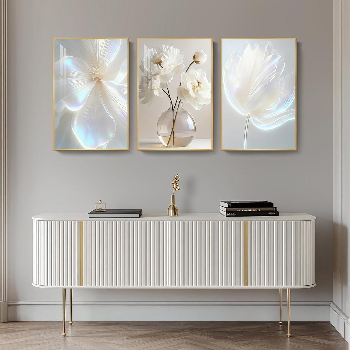 3 Counts Aluminum Alloy Framed Painting, White Floral Vase Artwork, Home Decoration For Living Room, Bedroom, Office, Restaurant, Hallway Wall Decor, Odorless Print Artwork, Luxury Perfect Gift For Friends And Family