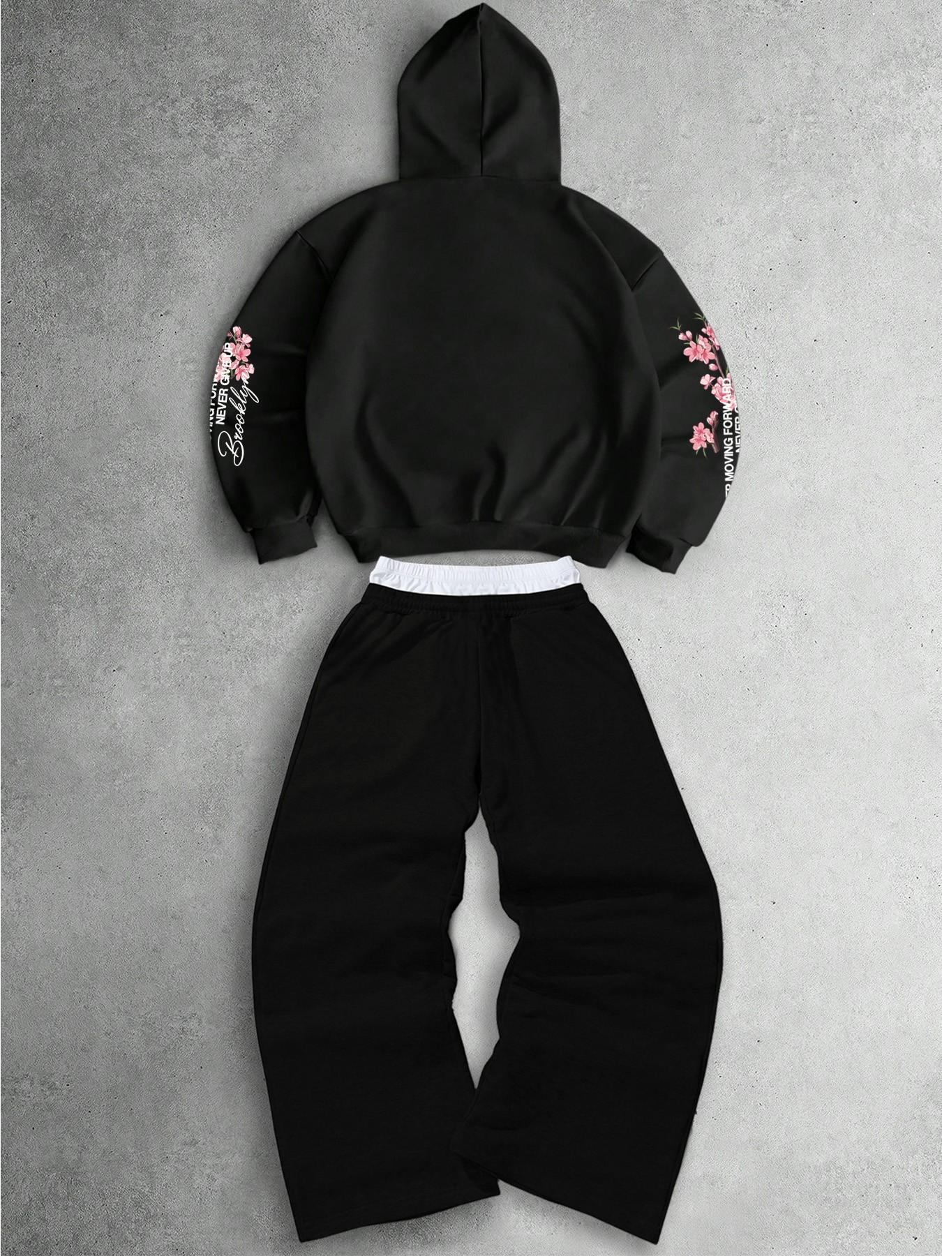 Men's Floral Print Hoodie Set, Cherry Blossom Fleece Hooded Top + Loose Wide Leg Pants, Streetwear Hip Hop Casual