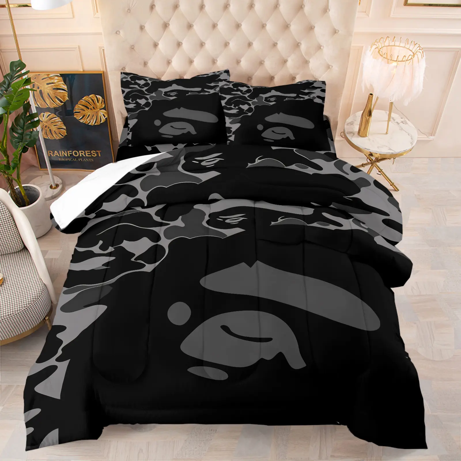 Black Gray Camouflage Print Quilted Comforter Set 3Pcs, Cool Cartoon Camo Print Quilted Bedspread Set, 1 Quilt + 2 Pillowcases, Soft Microfiber Filling, All-Season Bedding, Modern Street Style Room Decor, Hip Hop Fans GIft, Bedroom Bedding Set