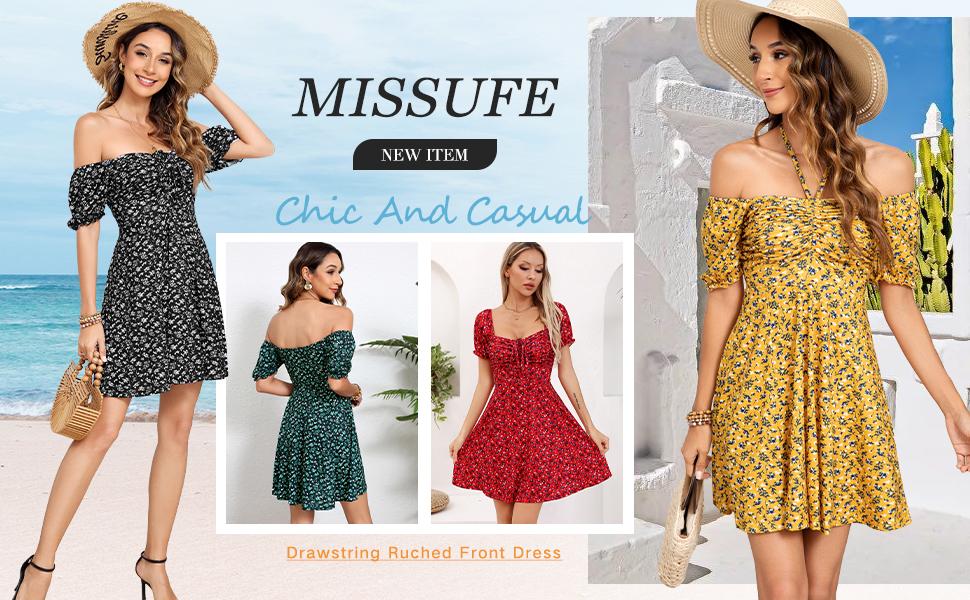 Women's Puff Short Sleeve Fit and Flare Casual Drawstring Floral Mini Sun Dresses  Summer Vacation