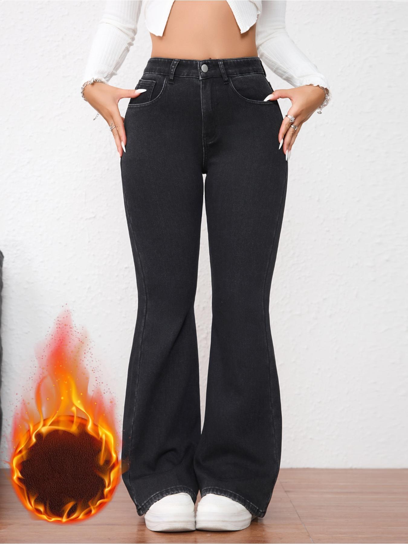 Women's Fleece Lined Thick Fitted Denim Jean Flare Pants, Elegant Fall & Winter Fashion, Warm Woven Fabric, Plain Pattern, Versatile Style