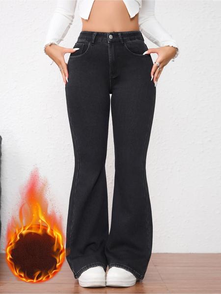 Women's Fleece Lined Thick Denim Flare Pants, Elegant Fall & Winter Fashion, Warm Woven Fabric, Plain Pattern, Versatile Style
