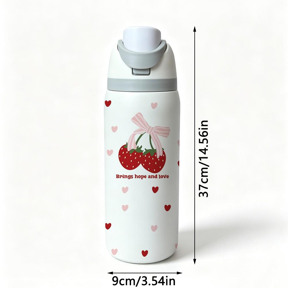 Sweet Bow Strawberry Heart 32oz Insulated Cup, 304 Stainless Steel, Portable Direct Drink, Girl Style, Car Travel Water Bottle, 1 Piece