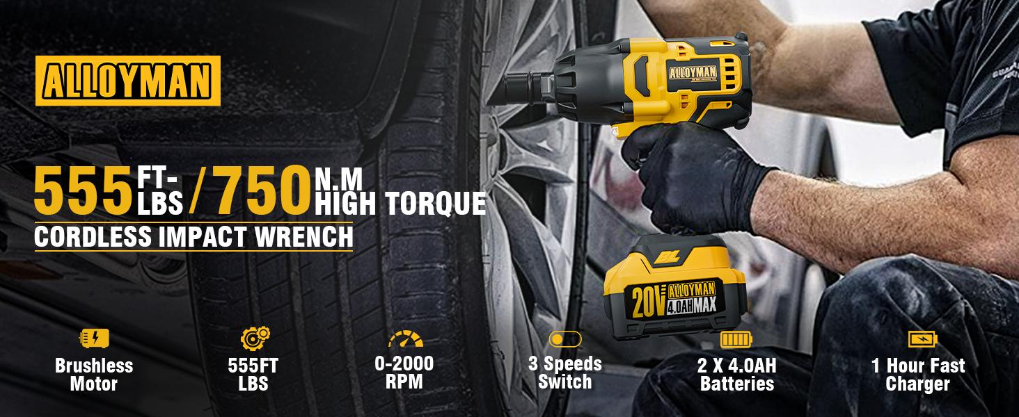 Alloyman 1/2 inch Impact Wrench Cordless, Max Torque 555 Ft-lbs 20V Brushless Motor 2000 RPM, with 6 Sockets, 3 Extension Bars, 4.0 AH Li-ion Battery and 1 Hour Fast Charge, Gifts for Perfect Christmas and New Year Idea