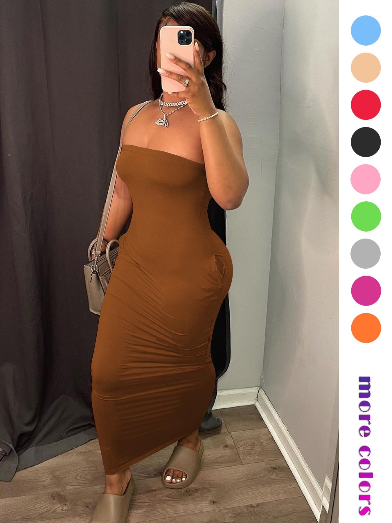 Women's 2026 Summer Tube Top Bodycon Maxi Dress, Sleeveless Ruched Backless Long Dress with Pockets, Stretchy Casual Going Out Vacation Party Dress for Women, Multiple Colors Available